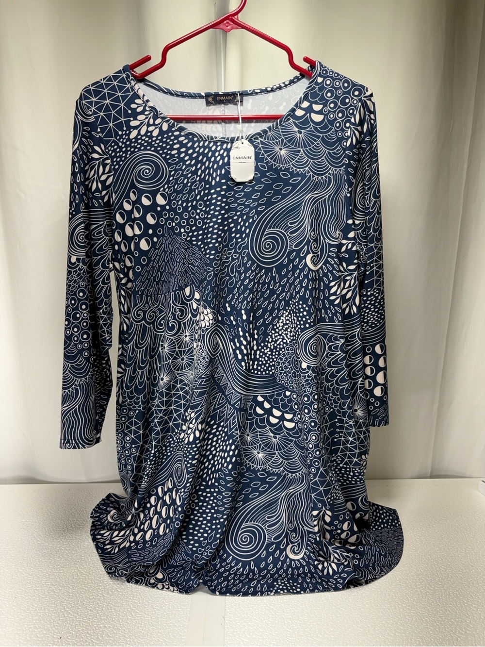 Enmain Navy & White Abstract-Print Midi Dress 4414